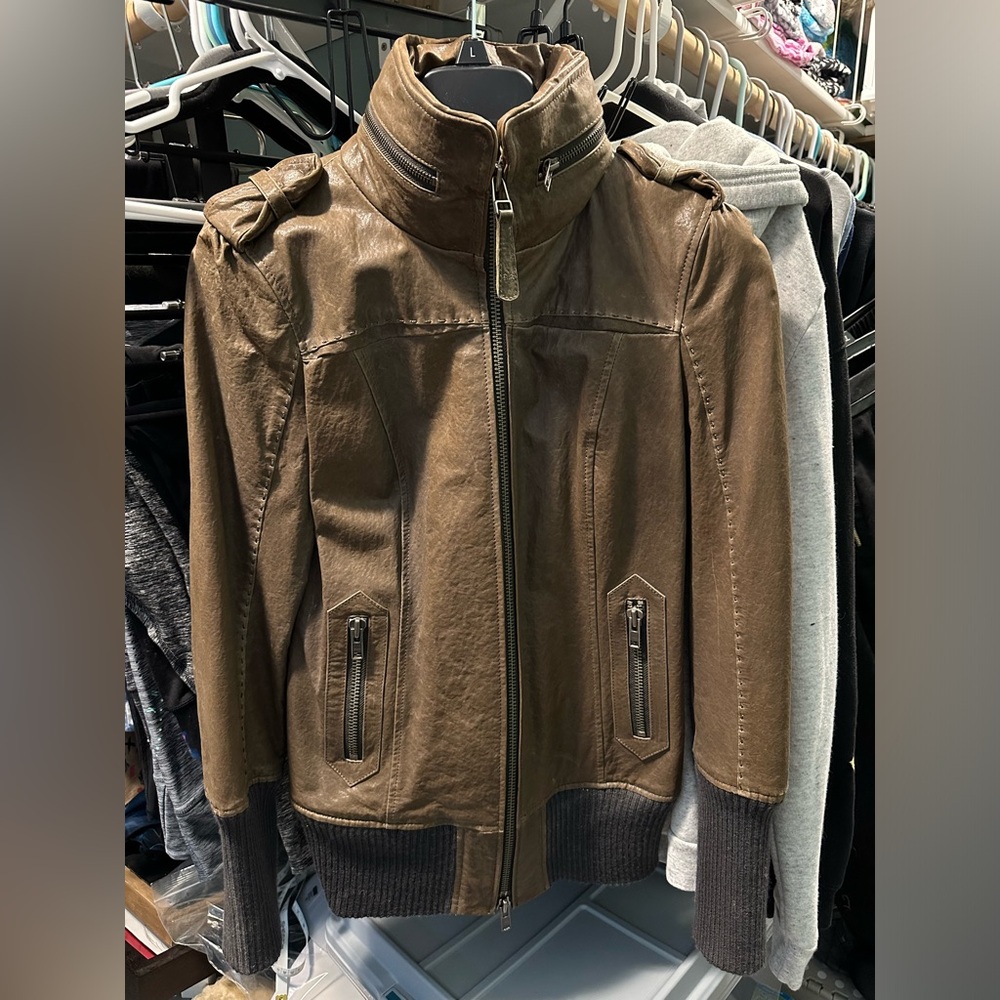 Amazing brown gray mackage lambskin leather coat size large